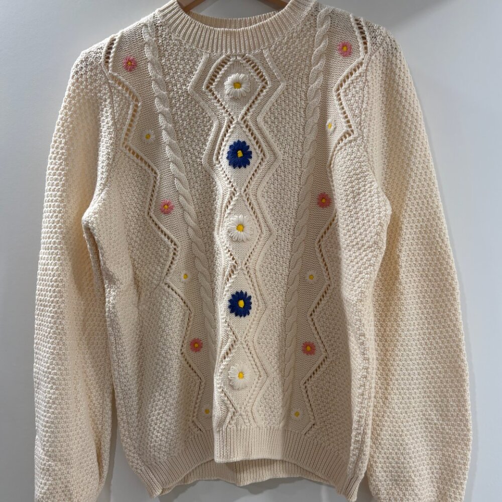 Sezane La Maille Sweater | Cream with Floral Embroidery | Size L